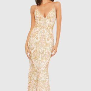 MAC DUGGAL 5309 CHAMPAGNE STRAPPY BACK ORNATE BEADED GOWN sz 2